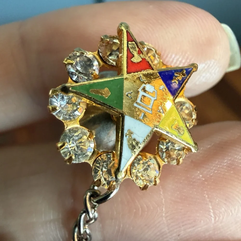 Vintage Order Eastern Star OES Tie Tack Pin Rhinestone Enamel Masonic Fraternal